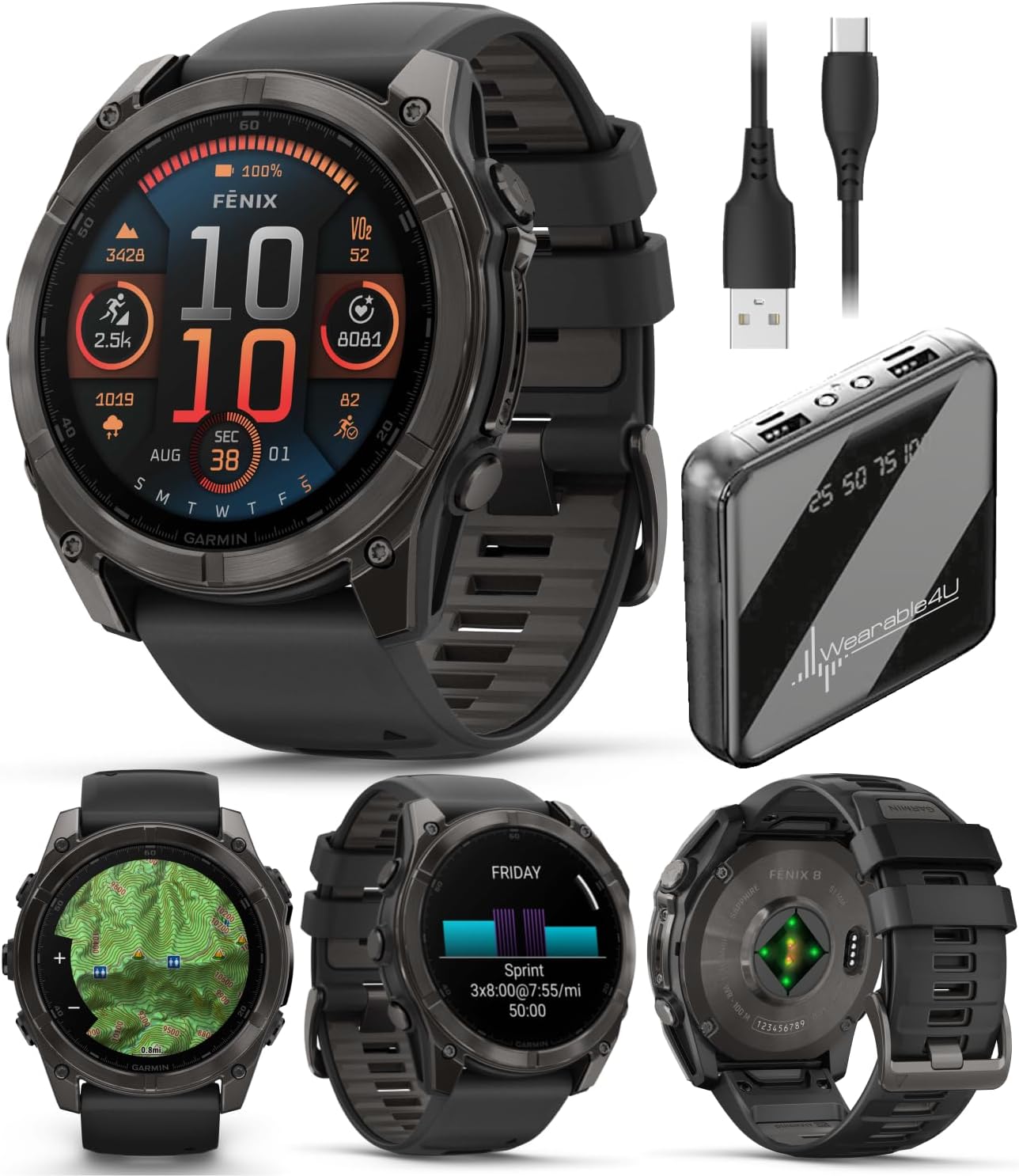 Garmin Fenix 8 51 mm, AMOLED Multisport GPS Smartwatch, Sapphire, Carbon Gray DLC Titanium with Black/Pebble Gray Silicone, Built-in LED Flashlight, Voice Control Power Bank Bundle