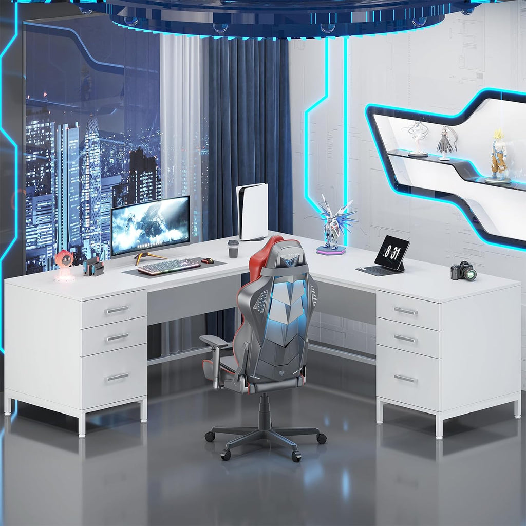 TVU 59'' L Shaped Desk with 6 Wooden Drawers, Large Home Office Corner Computer Desk with Storage File Cabinet, Modern Metal Wood Desk for Executive Writing Study Workstation, White