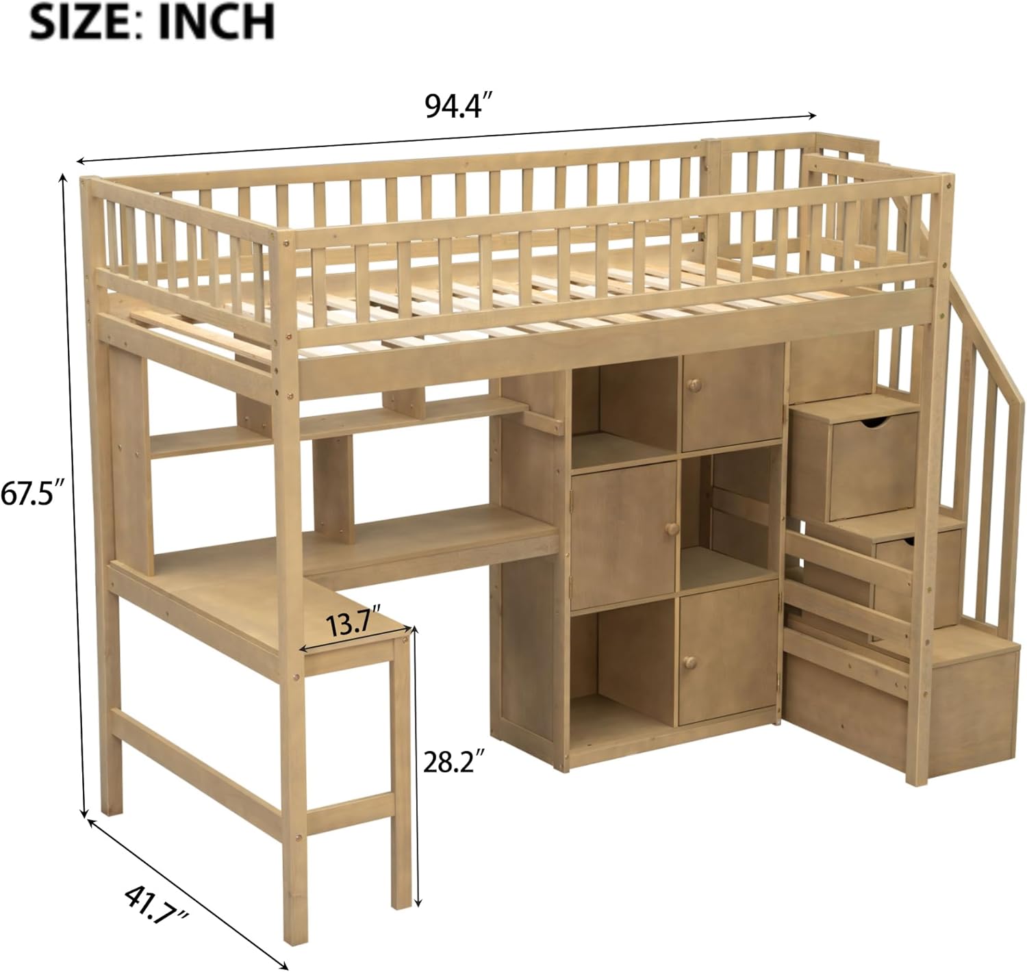 MERITLINE Twin Loft Bed with L-Shaped Desk and Storage Stairs, Solid Wood Loft Bed with LED Lights,Storage Shelves and Cabinets,Stairway Bed Frame with Bookshelves for Teens Adults (Walnut)