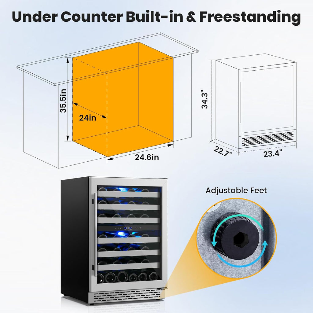 24 Inch Wine Cooler & Fridge Under Counter,54 Bottle Dual Zone Wine Cooler,New Upgrade Compressor,Blue Light Built-in/Freestanding,Reversible Stainless Steel Door Wine Fridge for Home/Kitchen