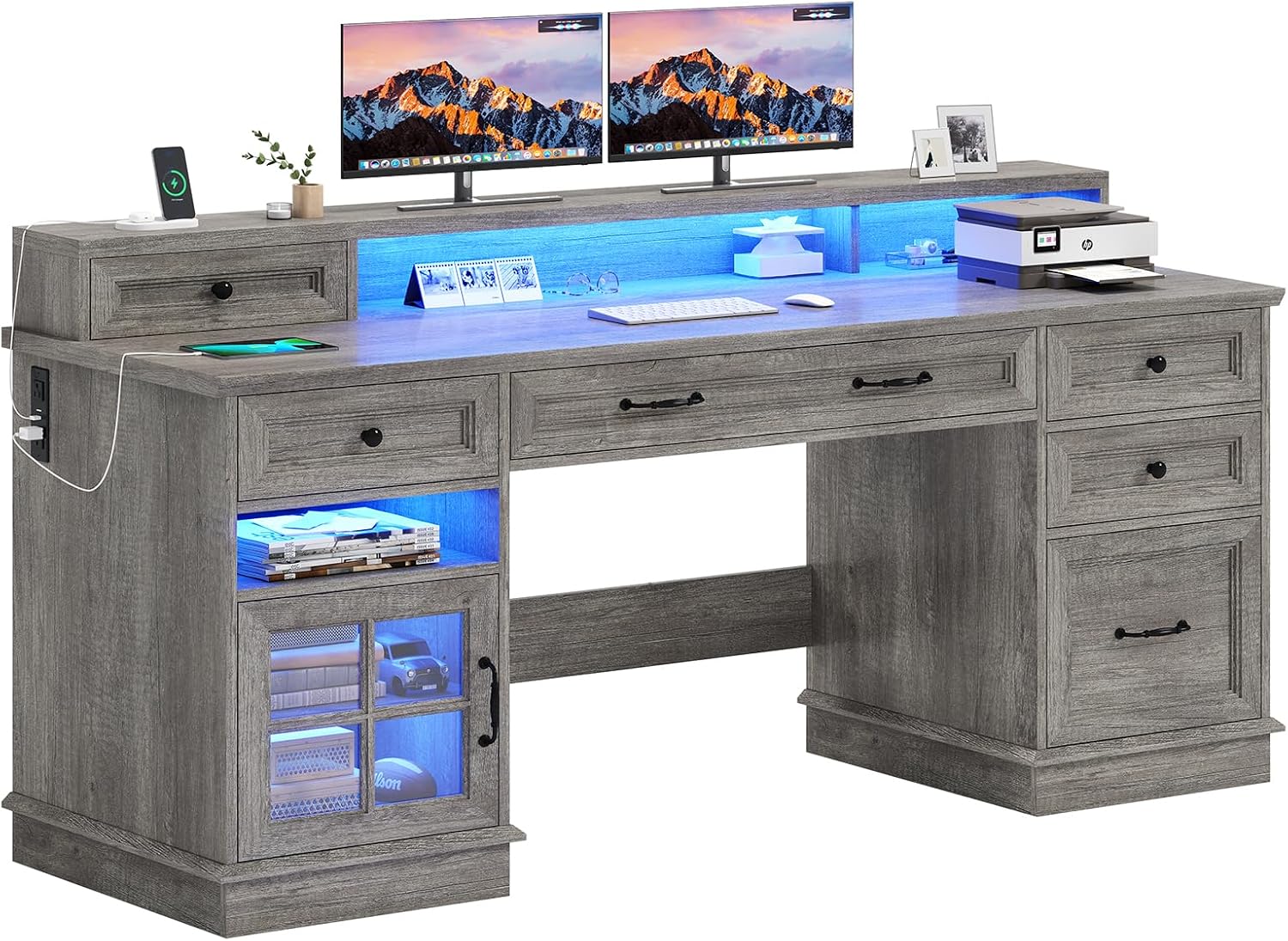 BTHFST Farmhouse Executive Desk with File Drawer, Computer Desk with Charging Station & LED Lights, Home Office Desk with Drawers & Storage Cabinet, Executive Office Desk with Monitor Stand, Grey