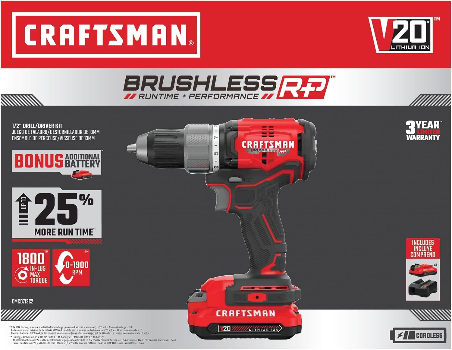 CRAFTSMAN RP+ Cordless Drill/Driver Kit, with 2 Batteries and Charger, Brushless (CMCD713C2)