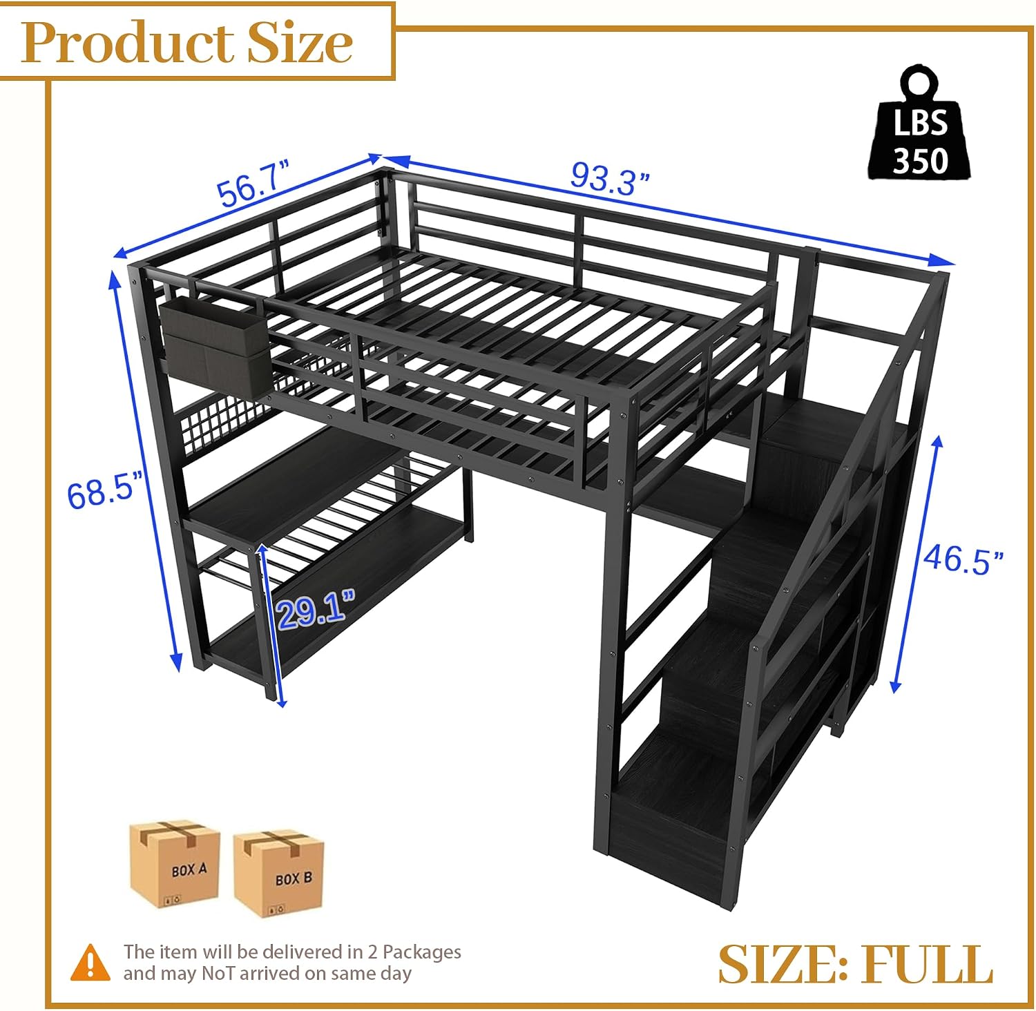 Full Size Loft Bed with Stairs & Desk, Black Loft Bed Frame with Storage Staircase, Charging Station & LED Light, Space Saving Loft Beds with Built-in Study Workstation for Kids Teens Adults