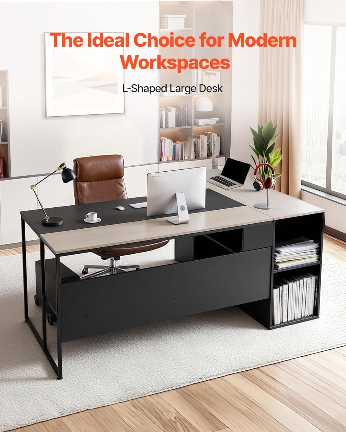 VEVOR 71' L-Shaped Executive Desk, Large Computer Desk with Drawers, File Storage Cabinet, CPU Stand, 350 LBS Load Capacity Corner Table, Easy Assembly, for Work Study