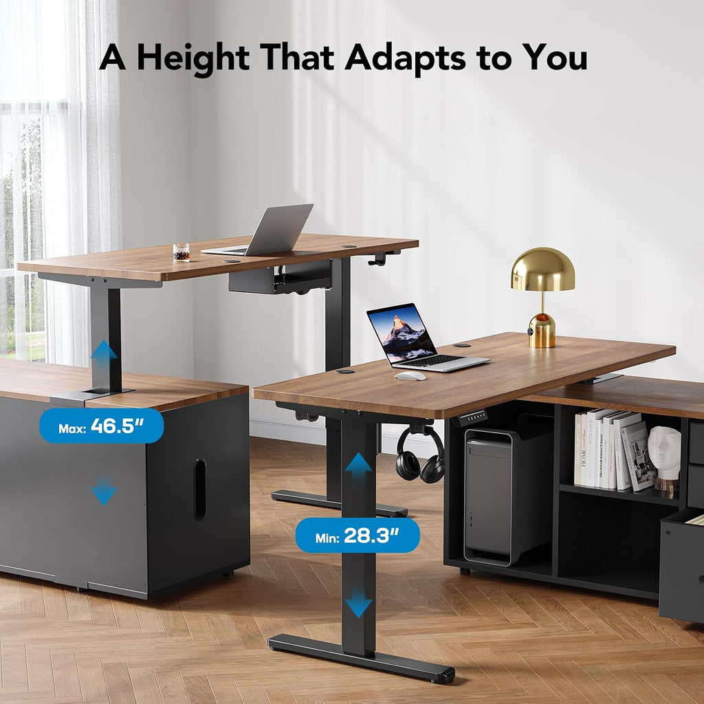 HUANUO L Shaped Standing Desk, Electric Executive Desk with Drawers, Adjustable Height Stand Up Desk, 55″ x 23.6″ One-Whole Piece Desktop, Home Office Computer Desk with 4 Memory Presets, Walnut