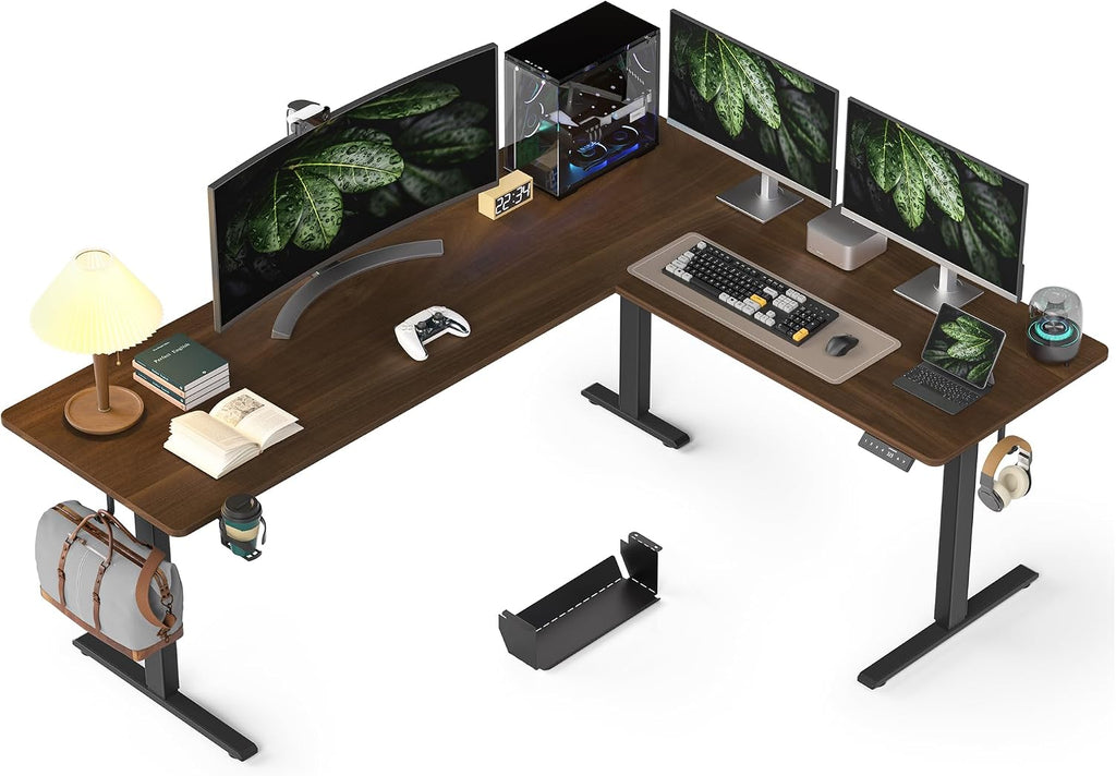 WALKINGDESK 75x61 Inches Reversible L Shaped Standing Desk Height Adjustable with Cup Holder, Electric Corner Computer Workstation for Home Office, Ergonomic Sit Stand up Gaming Desk, Black Walnut