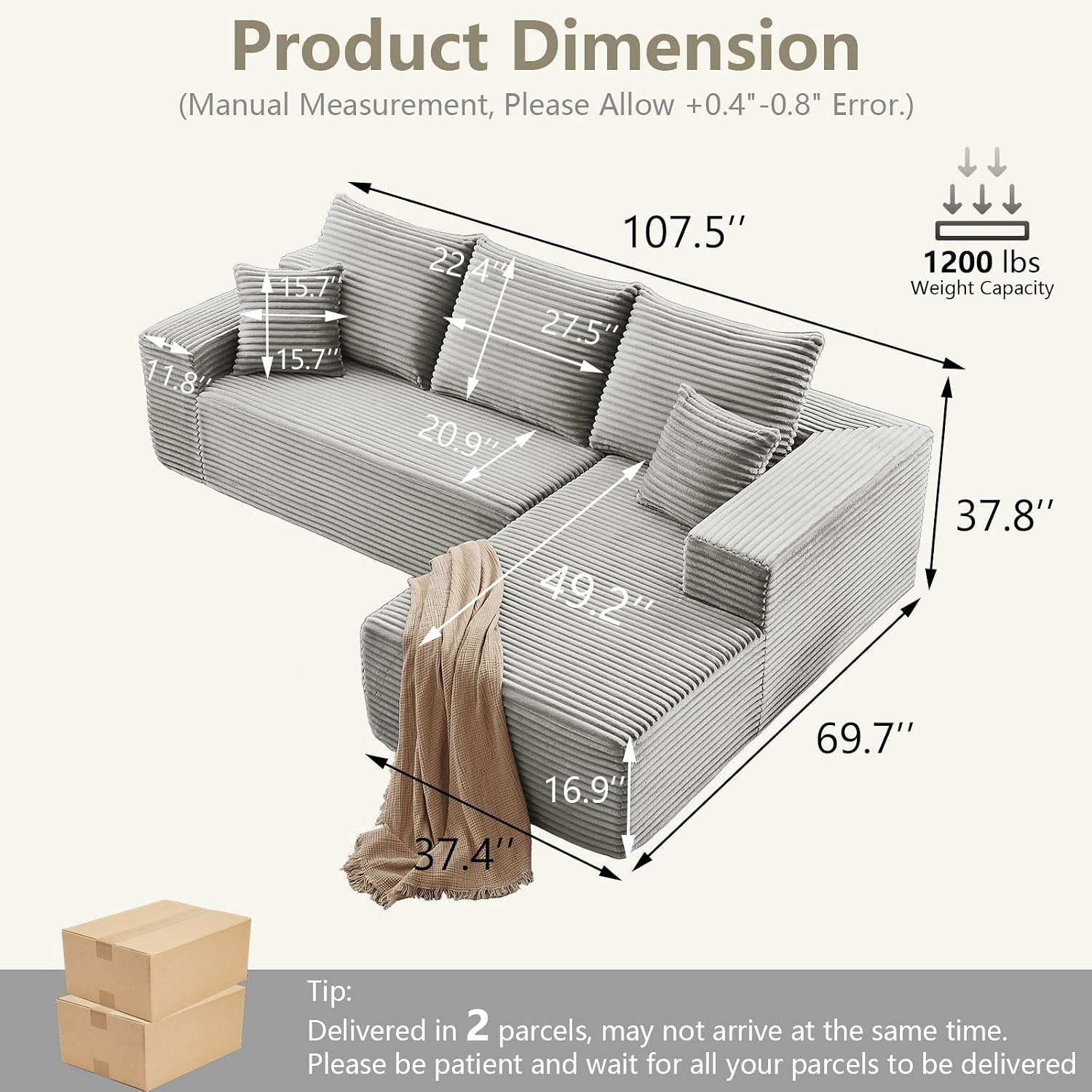 107' Cloud Sectional Couch with L-Shape Chaise, Modern Modular Comfy Sofa Chaise Longue, Upholstered Corduroy Couches Sleeper with Deep Seat for Living Room Bedroom, No Assembly Required, Grey