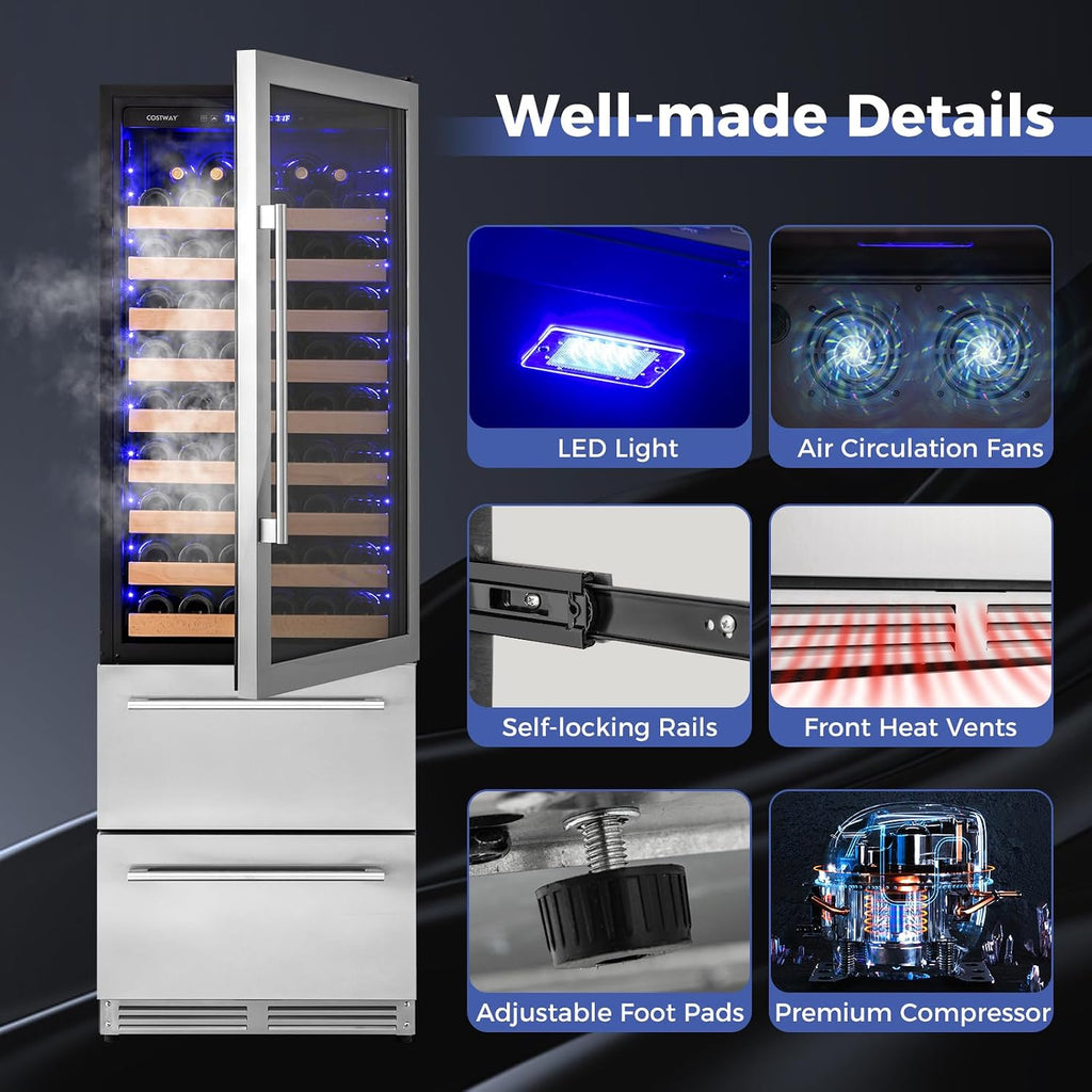 COSTWAY 24 Inch Wine and Beverage Refrigerator, Dual Zone Beverage Cooler with Independent Temperature Control, 108 Bottles and 175 Cans, Built-In or Freestanding Wine Cellar