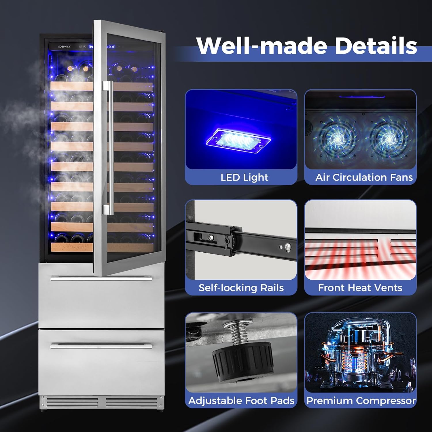 COSTWAY 24 Inch Wine and Beverage Refrigerator, Dual Zone Beverage Cooler with Independent Temperature Control, 108 Bottles and 175 Cans, Built-In or Freestanding Wine Cellar