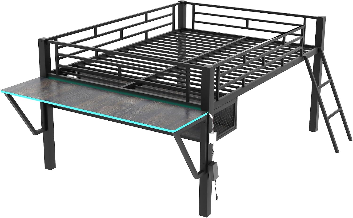 Linique Full Size Gaming Loft Bed with Desk, LED and Staircase, Metal Bed Frame with Vented Mesh Undercarriage Storage, Black