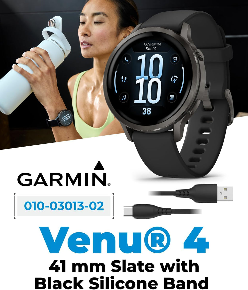 Garmin Venu 4 41mm AMOLED Advanced Health & Fitness GPS Smartwatch, Bright & Colorful Display, Built-in Flashlight, Up to 10 Days, Slate with Black Silicone Band w/Wearable4U Black Earbuds Bundle