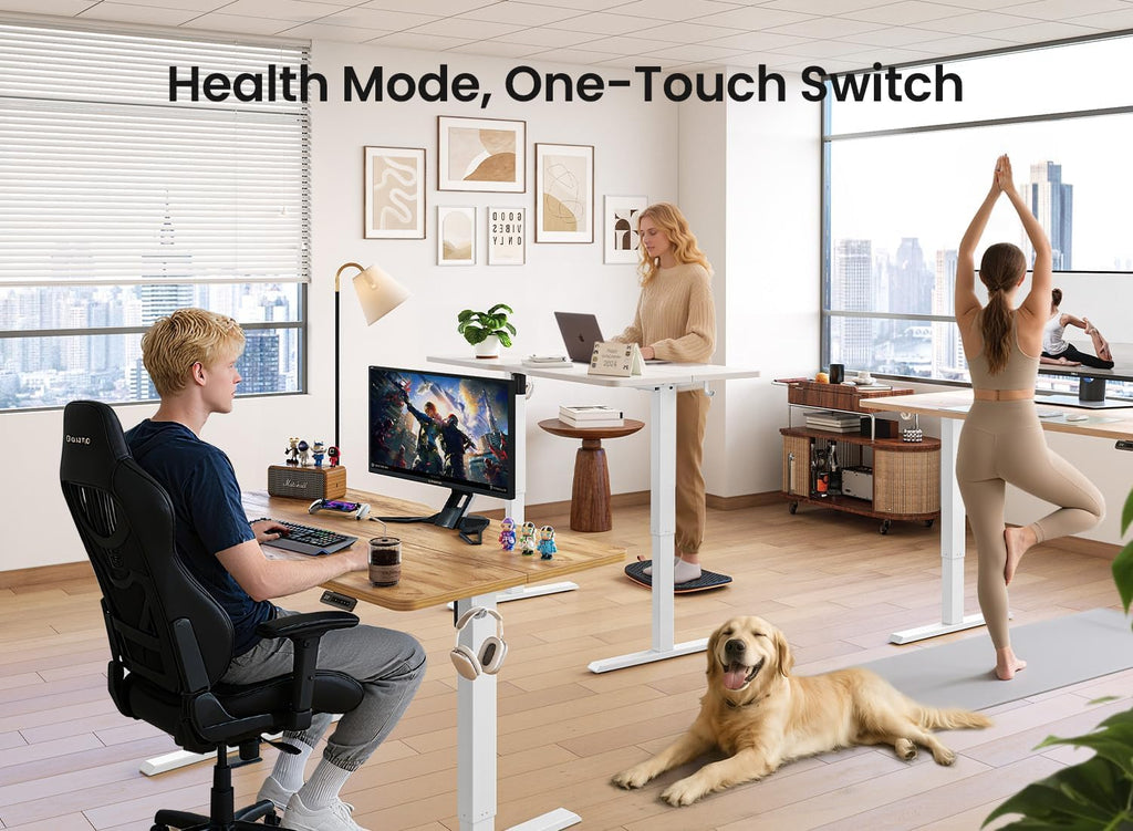 BANTI 55 × 28 Inches Standing Desk, Ergonomic, Electric Height Adjustable, Sit and Stand Up, Computer Office Desk with Splice Board, White Frame/Maple Top