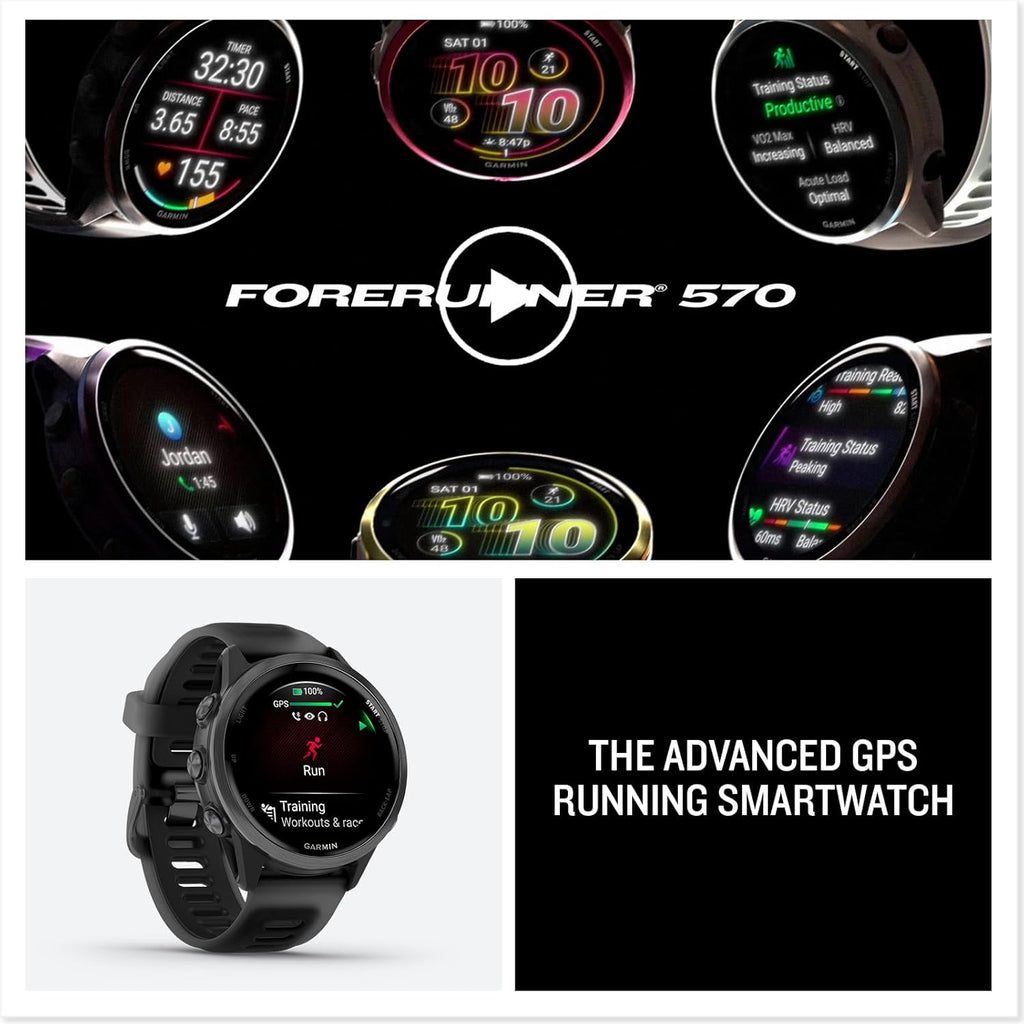 PlayBetter Garmin Forerunner 570 (42 mm, Slate Gray/Translucent Black) Running GPS Smartwatch - AMOLED Display, Training & Recovery - Bundle Portable Charger & HD Screen Protectors