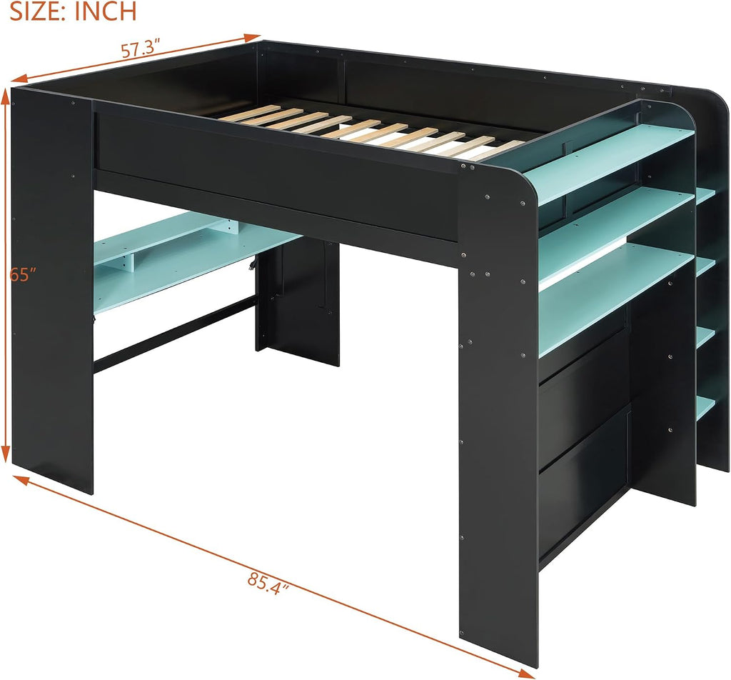 Full Size Gamer Loft Bed with Height-Adjustable Desk,Wardrobe,Ample Storage Space,and RGB Light, Wooden Bunk Bed for Gaming Setup (Cloud Blue/A1)