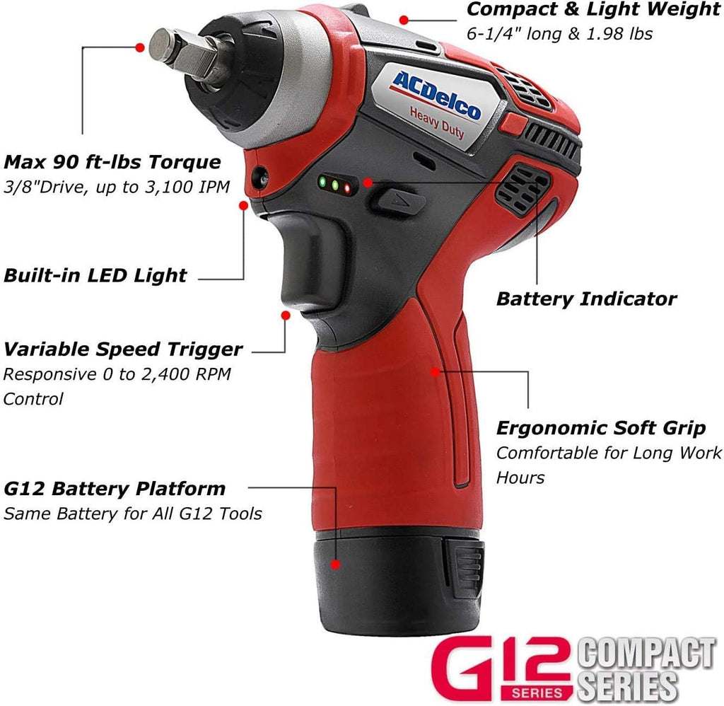 ACDelco G12 12V Cordless Combo Kit – Mini Polisher, 3/8' Impact Wrench (90 ft-lbs), Ratchet Wrench (55 ft-lbs) with 2 Li-Ion Batteries & Fast Charger, Auto Repair & DIY Tools