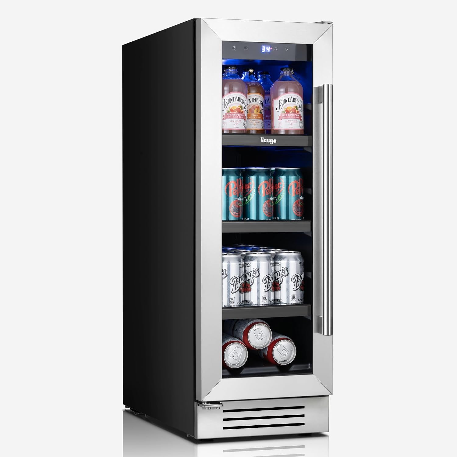 Yeego Beverage-Refrigerator, 12 Inch Beer Cooler Built-in or Freestanding,60 Cans Beverage Cooler with Glass Door, Mini-Fridge for Bottles and Cans Beer/Soda/Water/Wine (Left-Hinged)