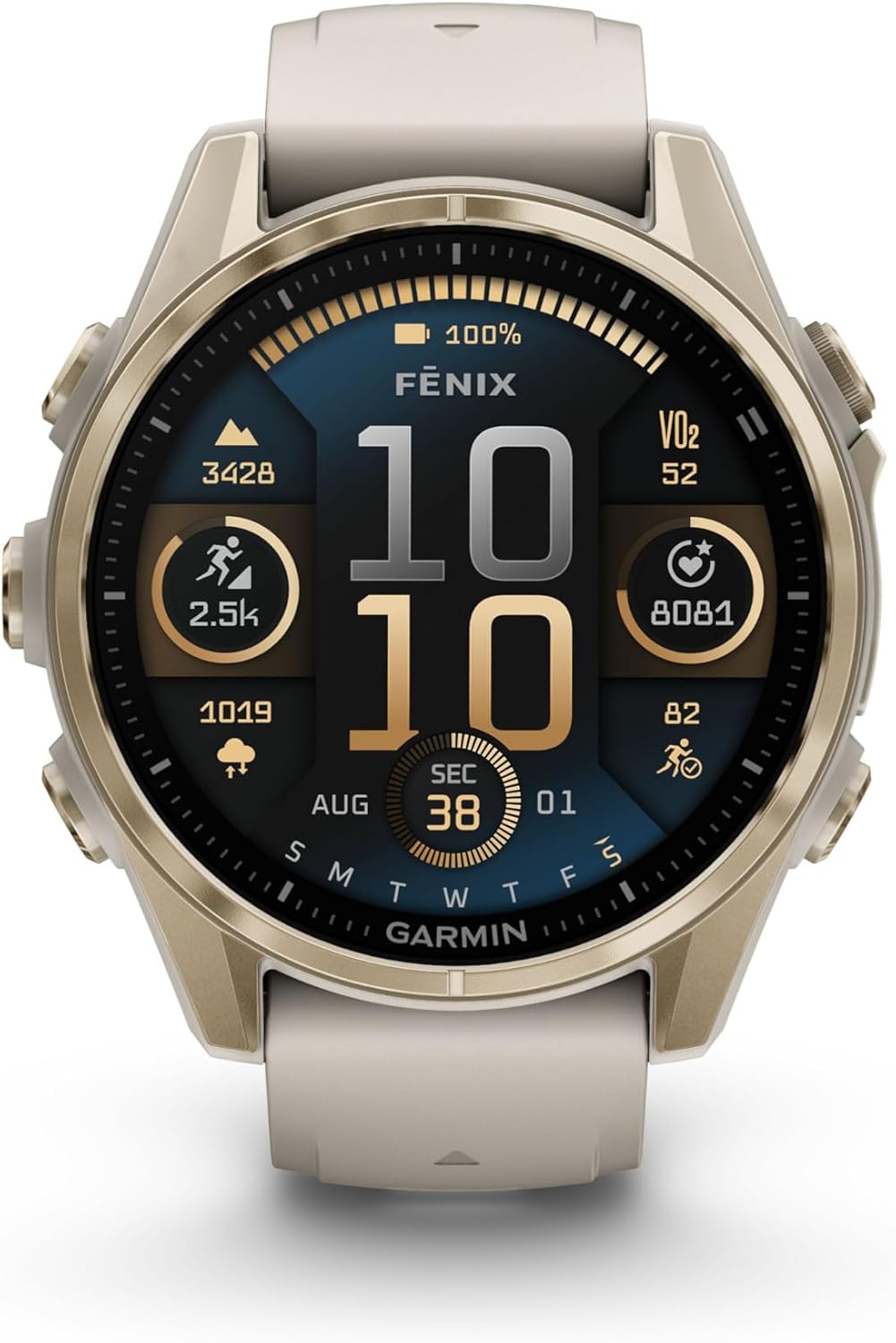 Garmin Fenix 8 43MM AMOLED Sapphire Premium Multisport GPS Smartwatch Soft Gold with Fog Gray/Sandstone Silicone Band, Built-in LED Flashlight Bundle with Accessories