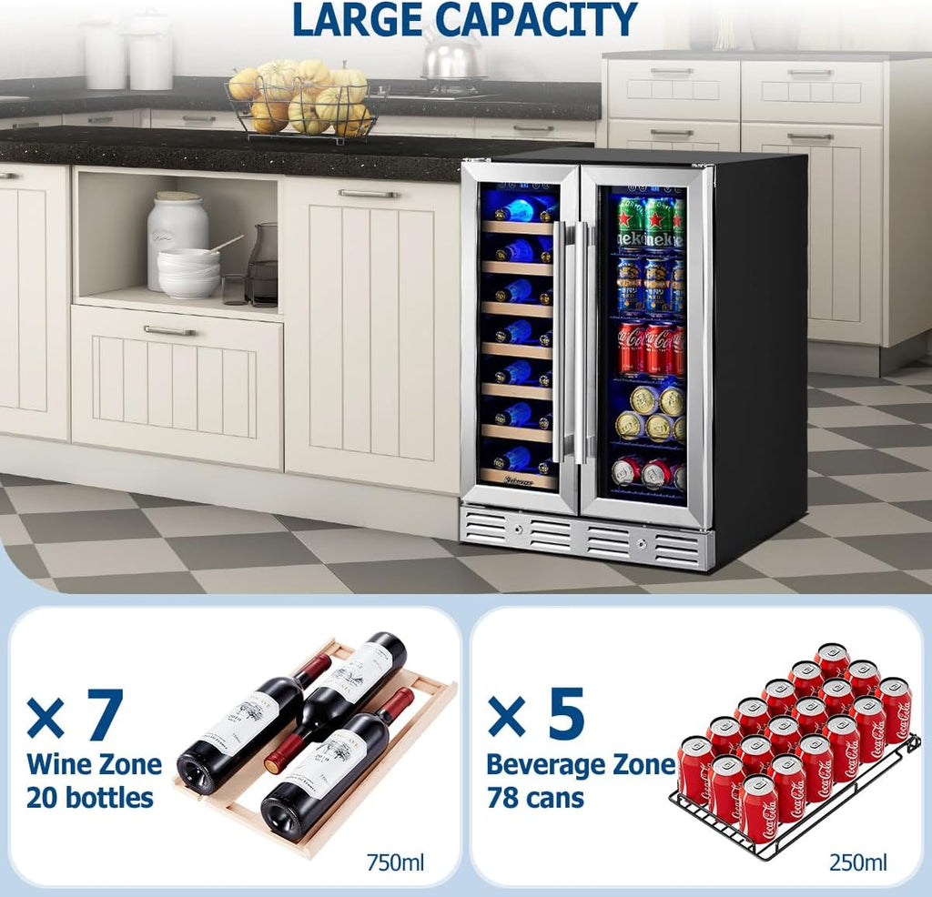 Kalamera 24 inch Wine Fridge Hold 21 Bottles and 75 Cans,Dual Zone Wine and Beverage Refrigerator,Built-In or Freestanding with Blue LED Light,for Home/Bar/Office