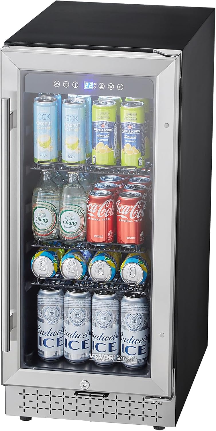 VEVOR Beverage Refrigerator Cooler, 88 Can Beverage Fridge, Mini Fridge with Glass Door, Adjustable Shelves, Digital Temperature Control, Built-in or Freestanding Soda Beer Fridge for Home Office Bar
