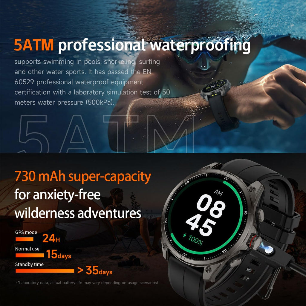 GPS Smart Watch for Men, 6 Satellite Positioning Rugged Outdoor for Running, 730 mAh Long Battery Life, 5ATM Waterproof Compass/Altimeter with Answer/Make Call Compatible for Android iOS