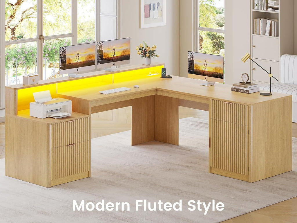 SEDETA 66' Modern L Shaped Desk with Drawers, Fluted Home Office Desk with File Cabinet and Printer Shelf, Wood Executive Desk with Monitor Stand, Power Outlets, Led Lights, Oak