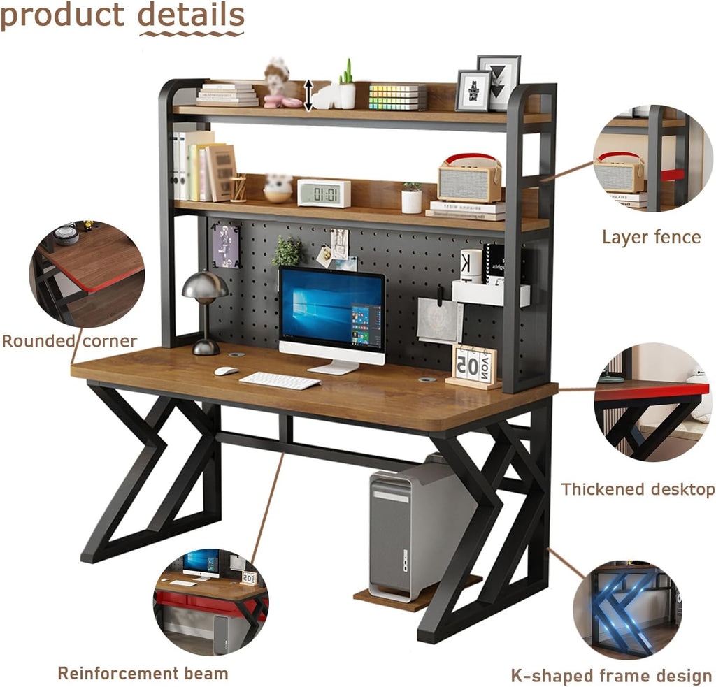 39.4in Computer Desk with Pegboard, Gaming Desk with Storage Shelves, PC Gamer Workstation Desk, Modern Study Writing Table for Home Office Bedroom (Brown, 39.4in/100cm)