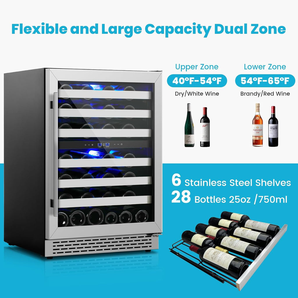 24 Inch Wine Cooler Refrigerator, 46 Bottle Dual Zone Wine Fridge Cooler Under Counter with Upgrade Compressor Tempered Glass Door, 40-65°F, Built-in/Freestanding for Kitchen Bar Office