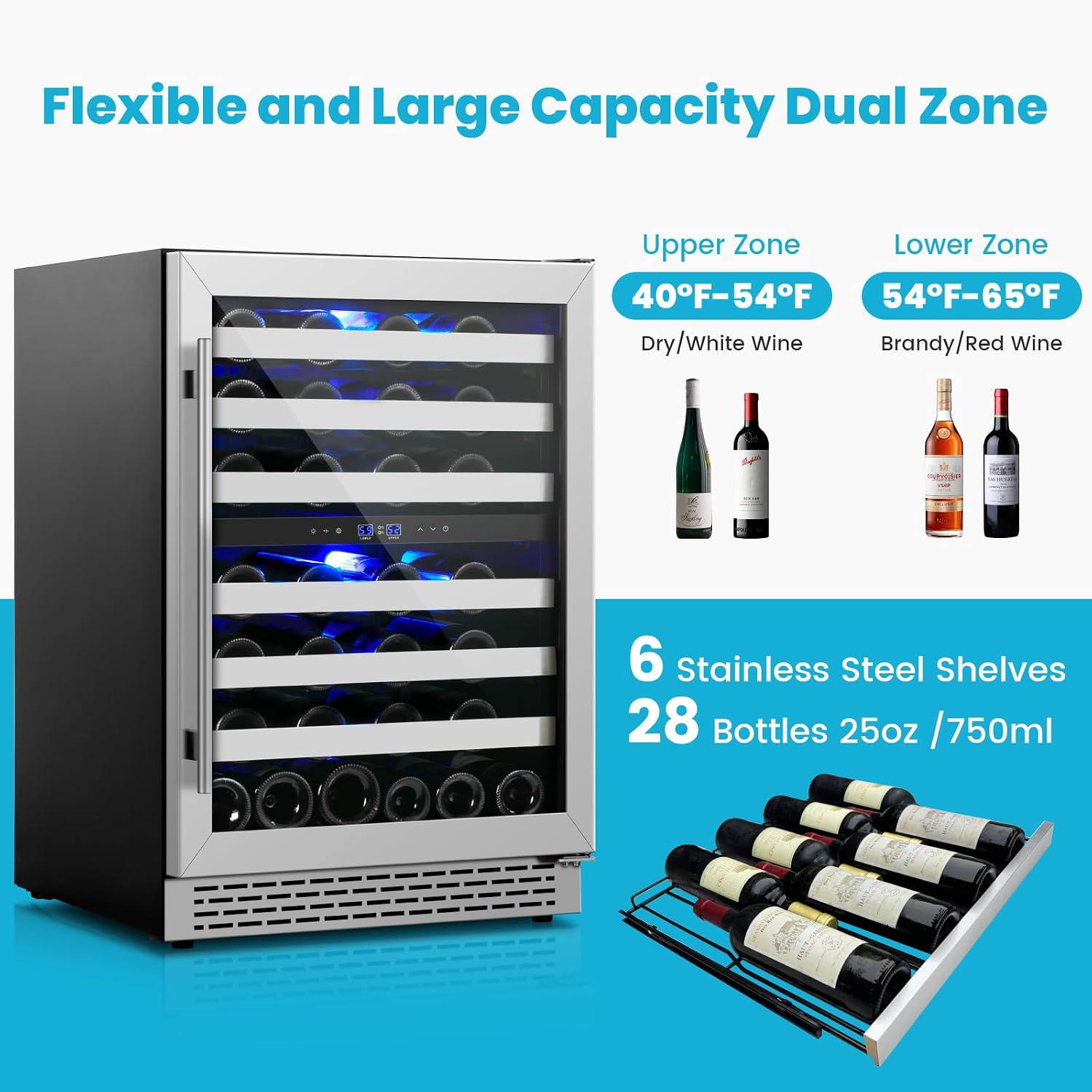 24 Inch Wine Cooler Refrigerator, 46 Bottle Dual Zone Wine Fridge Cooler Under Counter with Upgrade Compressor Tempered Glass Door, 40-65°F, Built-in/Freestanding for Kitchen Bar Office