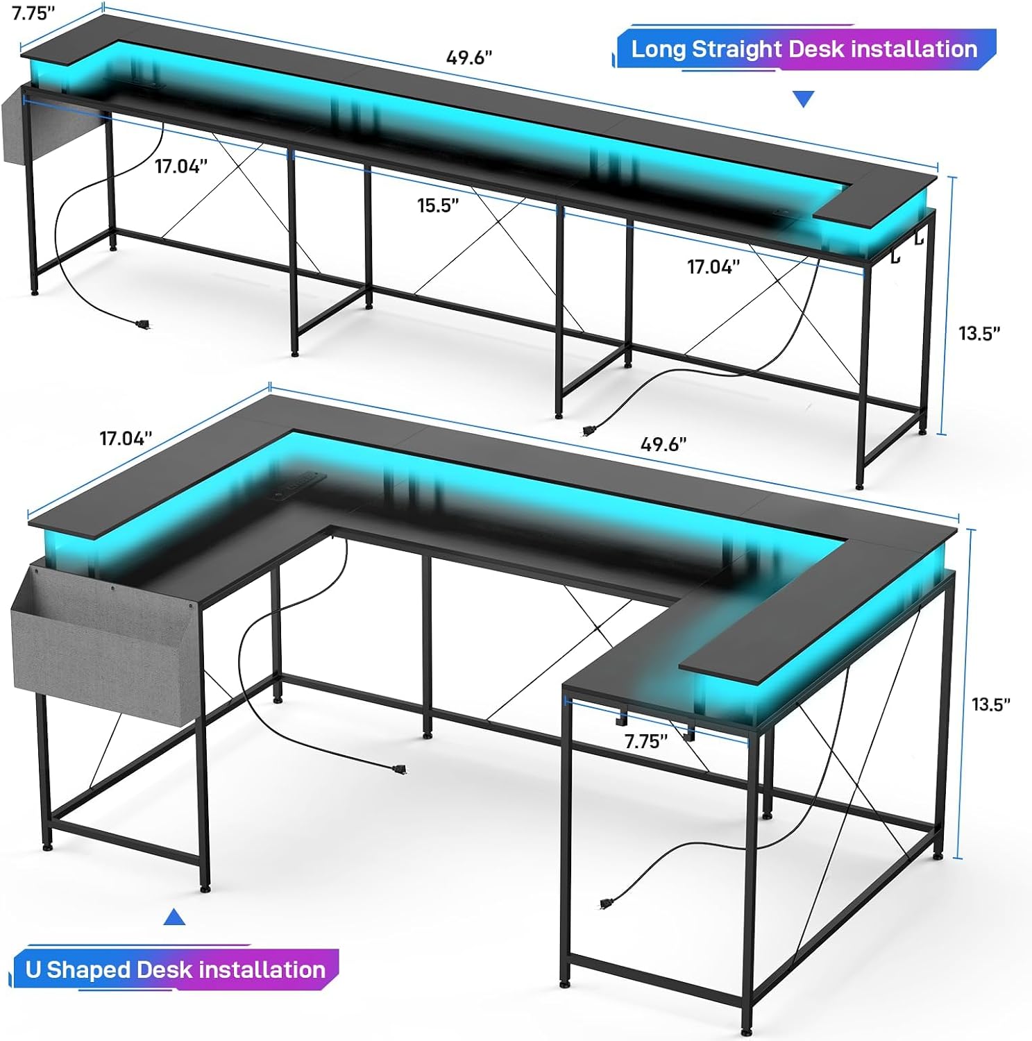 126' U Shaped Gaming Desk, Power Outlets & USB Ports, Reversible Corner Computer Desk with Monitor Stand, RGB LED Lights, Storage Shelves & Bag, Gaming Desk for Home Office, Tiger Stripes, Black