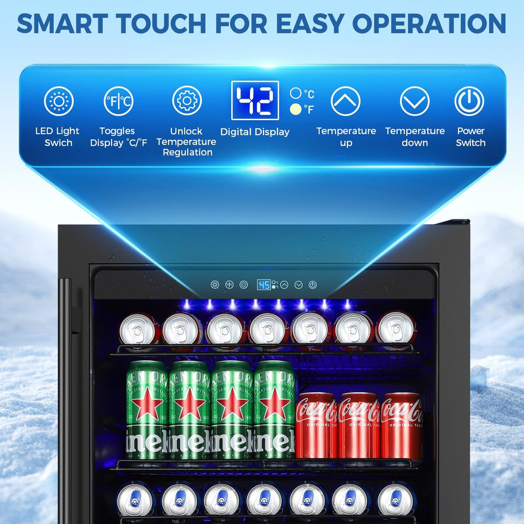 24 Inch Beverage Refrigerator Built-in Under Counter, 180 Cans Large Capacity Drink Fridge with Glass Door, 38dB Whisper Quiet Beer Cooler for Home Bar Office, Front Venting&Temperature Memory, Black