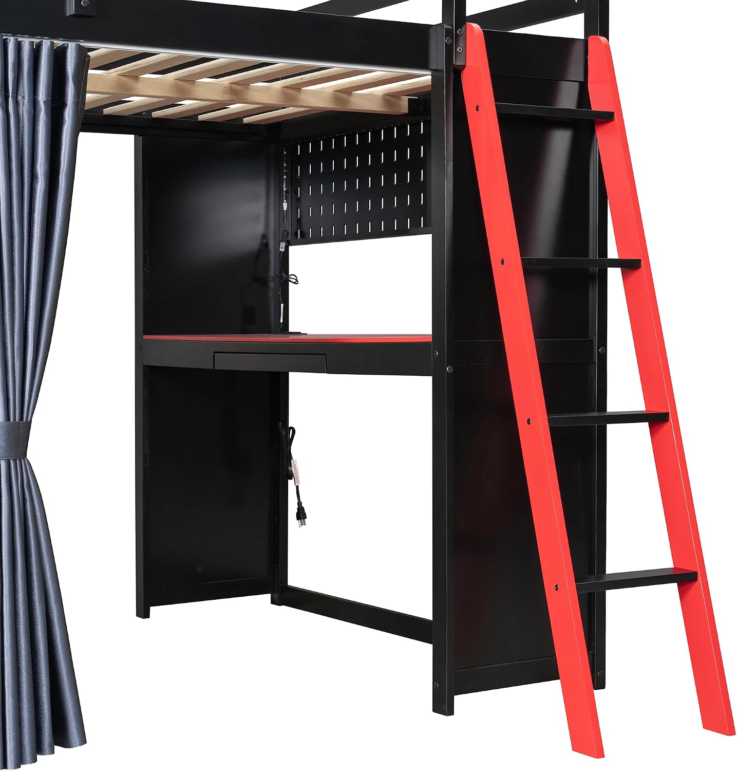 Full Gaming Loft Bed with Wardrobe & Desk & Charging Station & RGB Light,Esports Wood Loft Bed Frame with Storage Shelves,Curtains and DIY Pegboard,Space Saving,No Box Spring Needed,Black Red