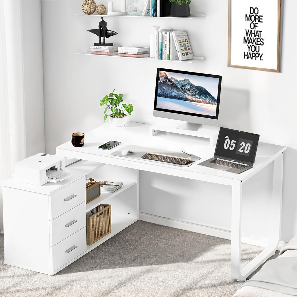 MaverickFurni 55' White Desk with Drawers and Shelves, Reversible L Shaped Desk with Monitor Stand, Home Office Desk with Storage for Work Writing Study, White