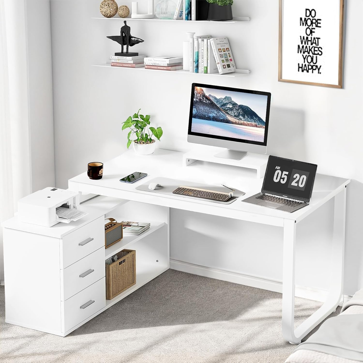 MaverickFurni 55' White Desk with Drawers and Shelves, Reversible L Shaped Desk with Monitor Stand, Home Office Desk with Storage for Work Writing Study, White