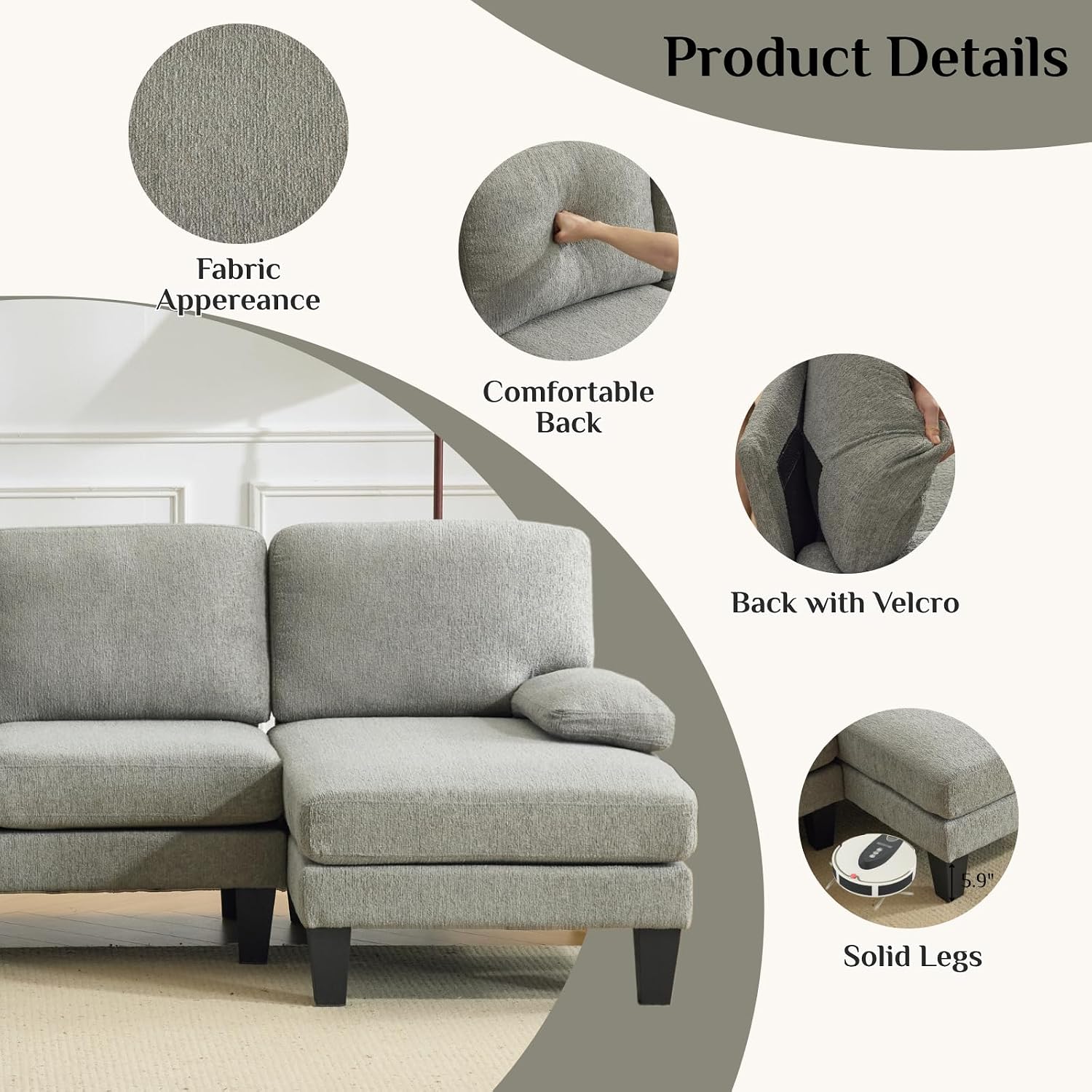 Karl home 110' U-Shape Sectional Couches for Living Room Chenille Upholstery 4 Seat Sofa Set with Double Chaises & Wood Grain Legs for Apartment, Dust Grey