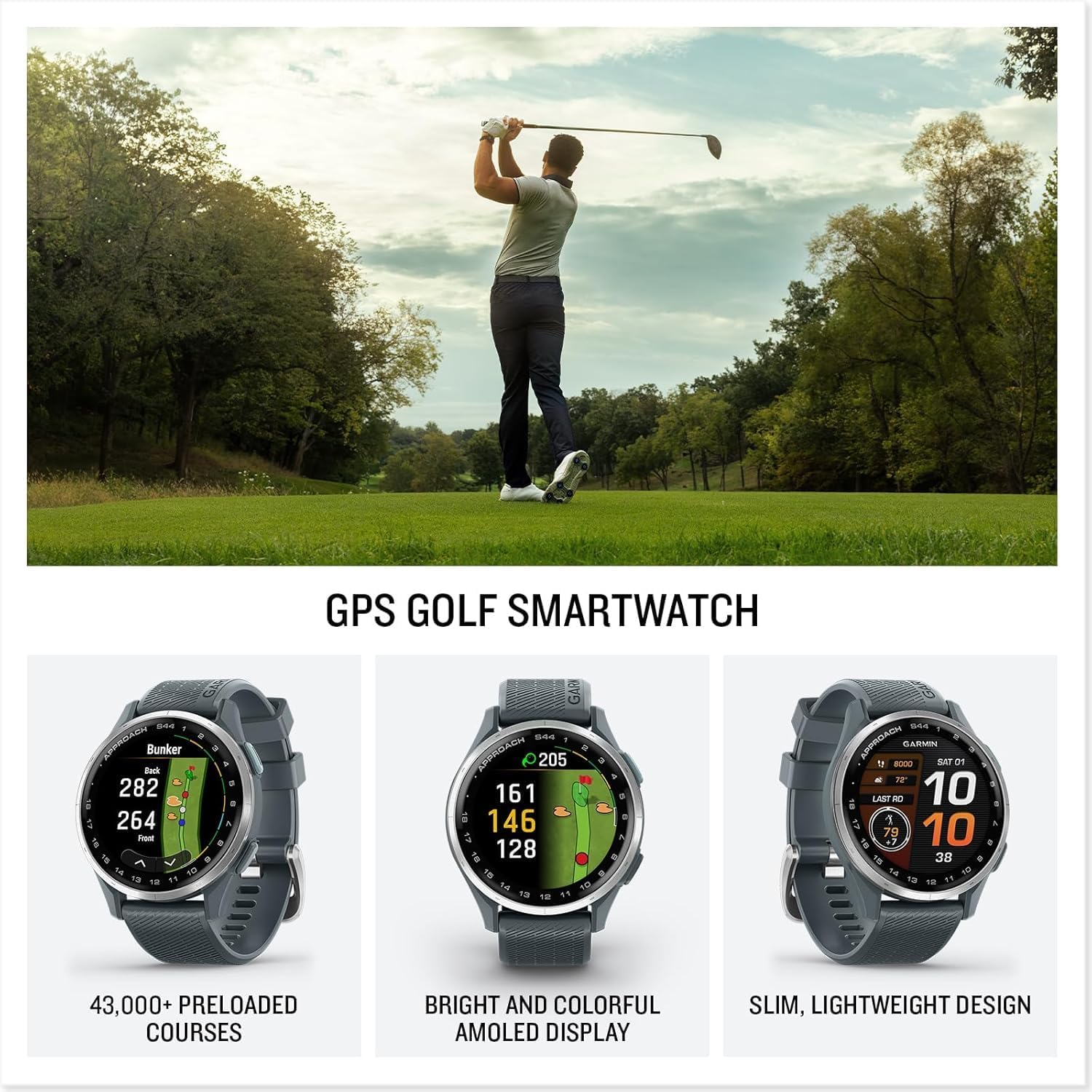 Garmin Approach S44 Essential Golf Watch with GPS, AMOLED Display, On-Course Features, Sports and Fitness Smartwatch, Silver Aluminum Bezel with Twilight Silicone Band Bundle