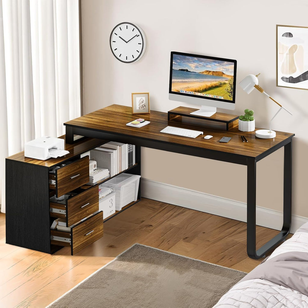 MaverickFurni 55' L Shaped Desk with Drawers and Shelves, Home Office Desk with Monitor Stand for Work Writing Study, Reversible Corner Desk with Storage, Black