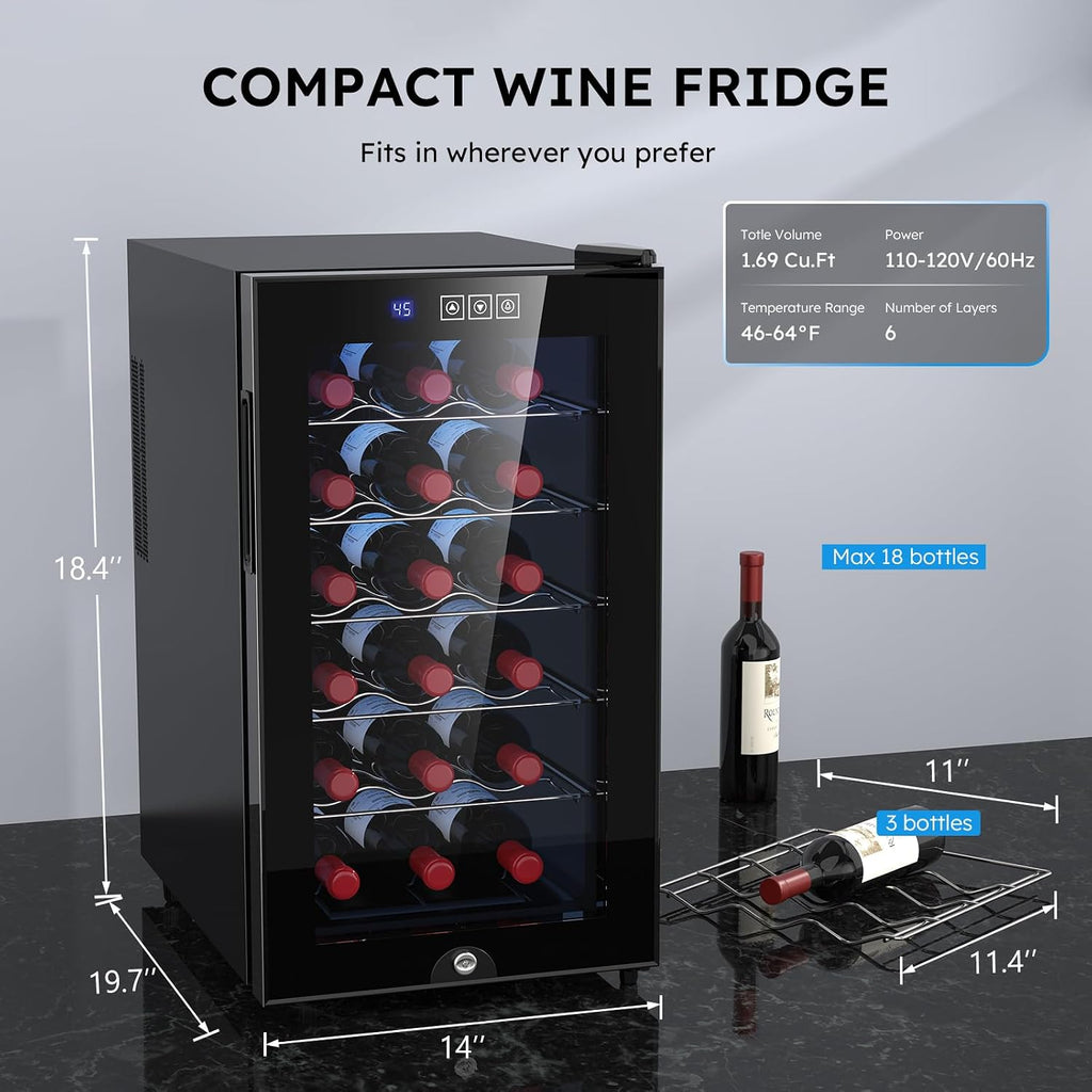 Mojgar 18 Bottle Wine Cooler, Freestanding Wine Fridge with 54-66℉ Digital Temperature Control, Countertop Wine Refrigerator for Wine Enthusiast, 48 L
