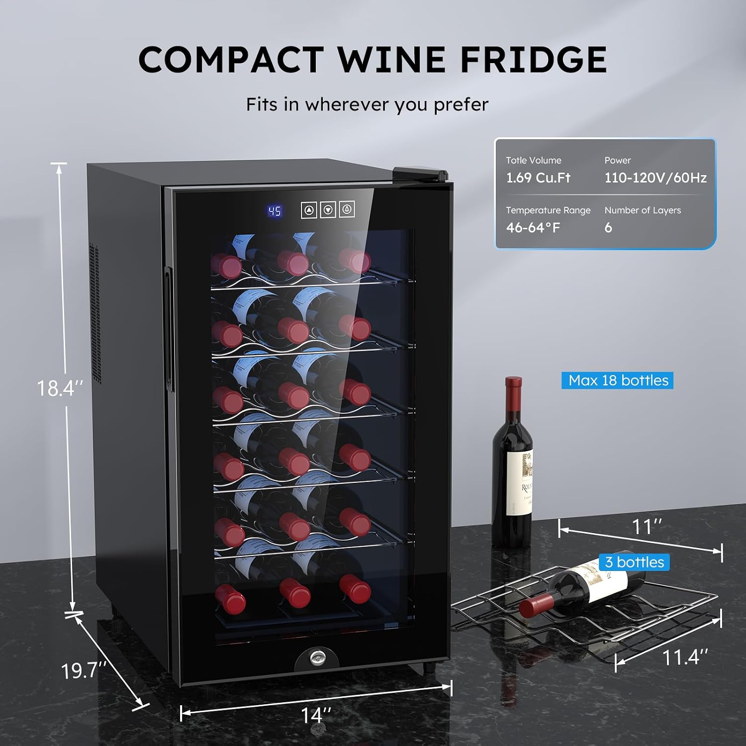 Mojgar 18 Bottle Wine Cooler, Freestanding Wine Fridge with 54-66℉ Digital Temperature Control, Countertop Wine Refrigerator for Wine Enthusiast, 48 L