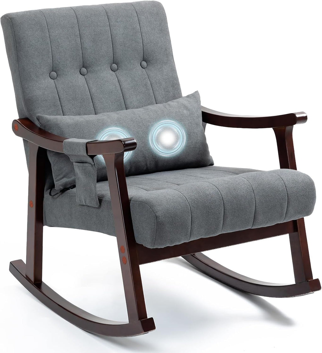 AVAWING Upholstered Rocking Chair, Small Fabric Glider Rocker with 2-Point Massage Lumbar Pillow and Solid Wood Legs, for Bedroom and Living Room, Dark Grey