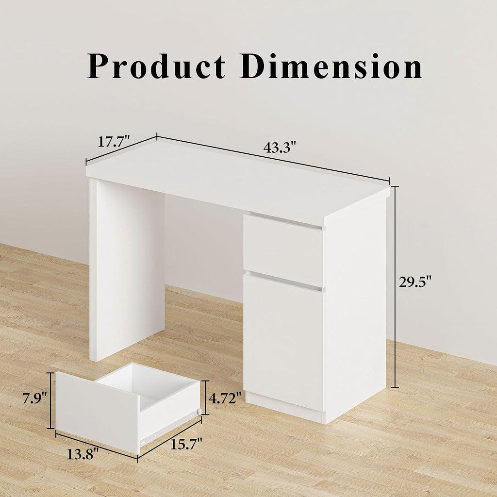 furtble White Desk with Drawers, 43 Inch Small Cute Desk for Bedroom, Home Office PC Desks Workstation Study Table Desks with Storage, White