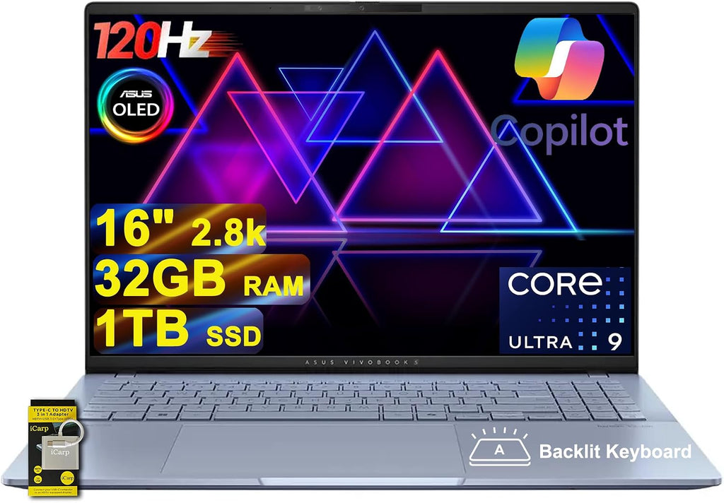 ASUS Vivobook S16 AI PC Laptop 16' 2.8k OLED 120Hz (600nits, 100% DCI-P3) Intel 16-core Ultra 9 285H 32GB RAM 1TB SSD Backlit for Creator Designer Business Professional Win11 ICP Hub