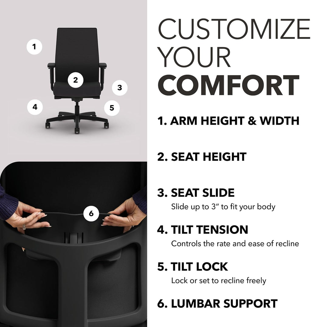 HON Ignition 2.0 Mid‑Back Ergonomic Office Chair, Mesh Task Seating with Lumbar Support, Advanced Synchro‑Tilt, Height and Width Adjustable Arms, Black Frame, Onyx