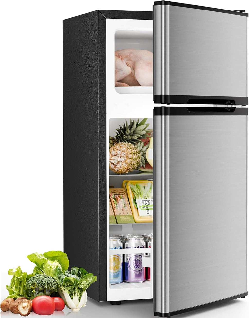 Antarctic Star Mini Fridge with Freezer, Double Door Compact Refrigerator, Adjustable Thermostat, Small Fridge for Bedroom Office Dorm Apartment, 2.45 Cu.Ft Silver