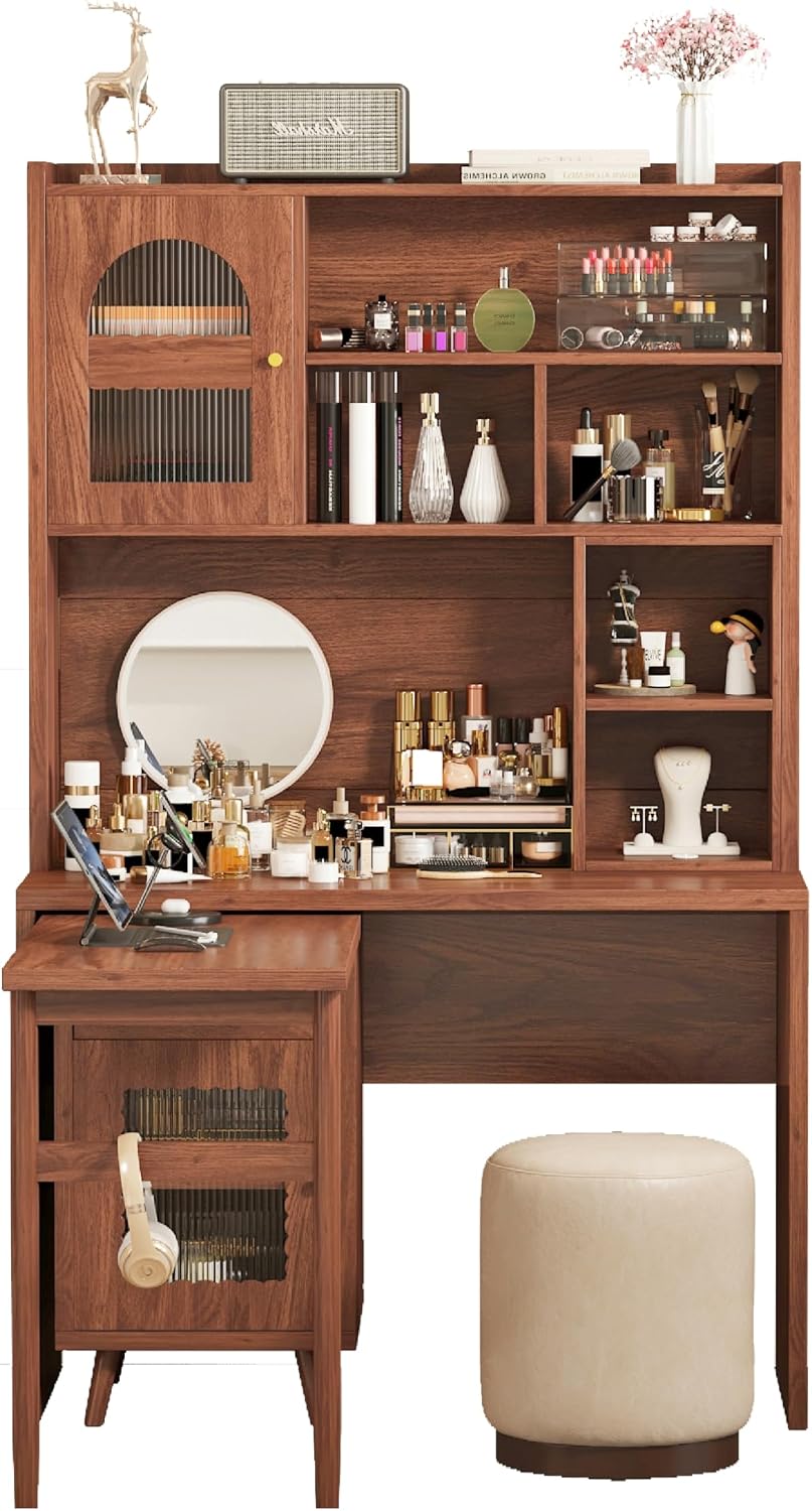 Bellemave Computer Desk with 90 Degree Rotating Desktop, 43x70 Inch Home Office Desk with Drawer and Storage Cabinets, Gaming Desk with Shelves, Writing Desk for Study (Walnut)