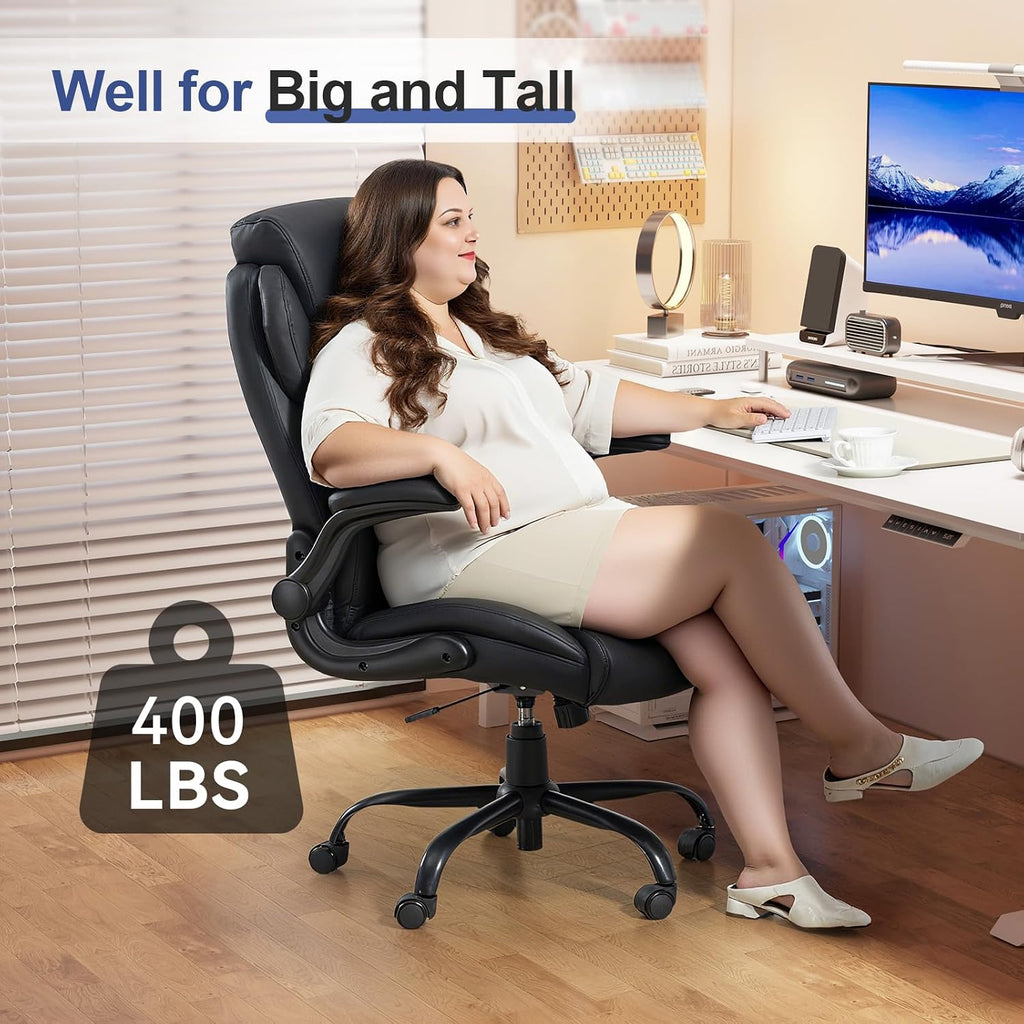 Brage Living 400LBS Big and Tall Office Chair, Heavy Duty Leather Executive Desk Chair with Padded Flip-up Arms, Swivel Rolling Computer Chair for Home Office, Black