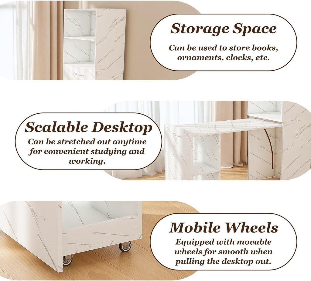 KEIKI Home Office Stretchable Desks with Storage Shelves and Mobile Wheels, Modern Wood Foldable Desk Gaming Computer Corner Table for Apartments Work, Study, Writing, White Marble