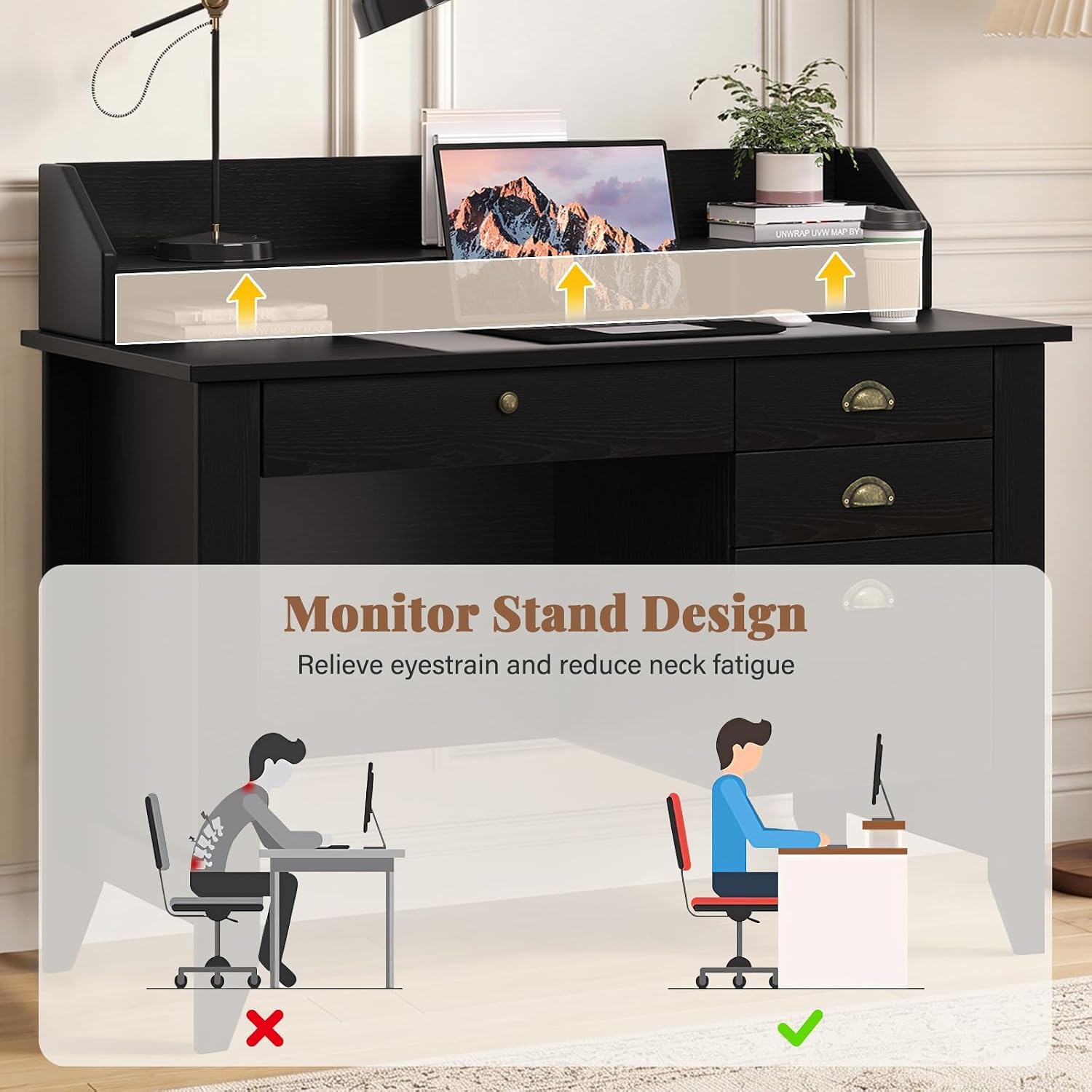 4 EVER WINNER Black Desk with Drawers, Small Desk with File Drawer and Monitor Stand, Computer Desk with Storage, Writing Desk for Bedroom Home Office, Black
