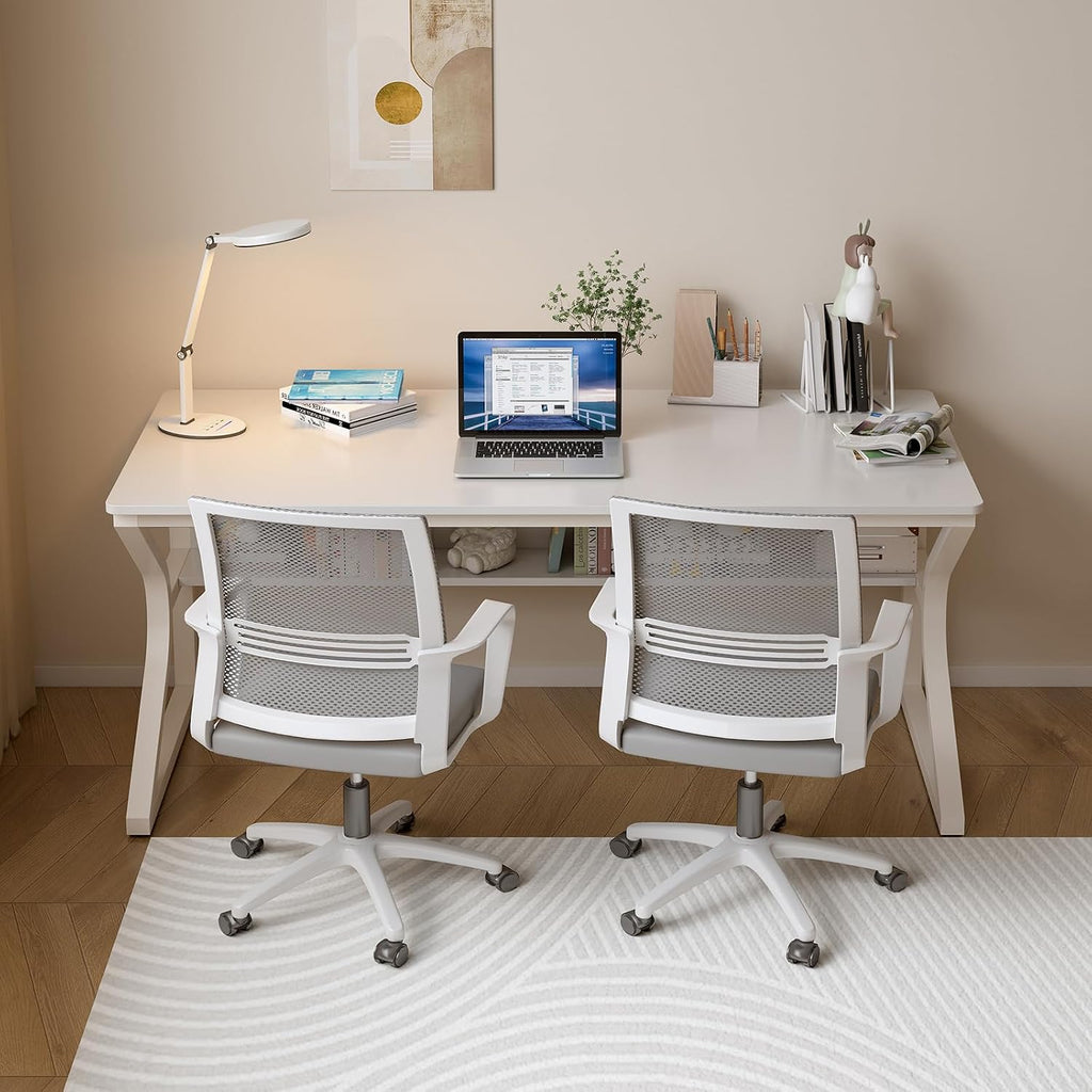 OSCHF Extra Long Desk with Bookshelf - 55' Double Long Writing Table for 2-Person Workstation, Modern Study Work Computer Desk for Home and Office, Warm White