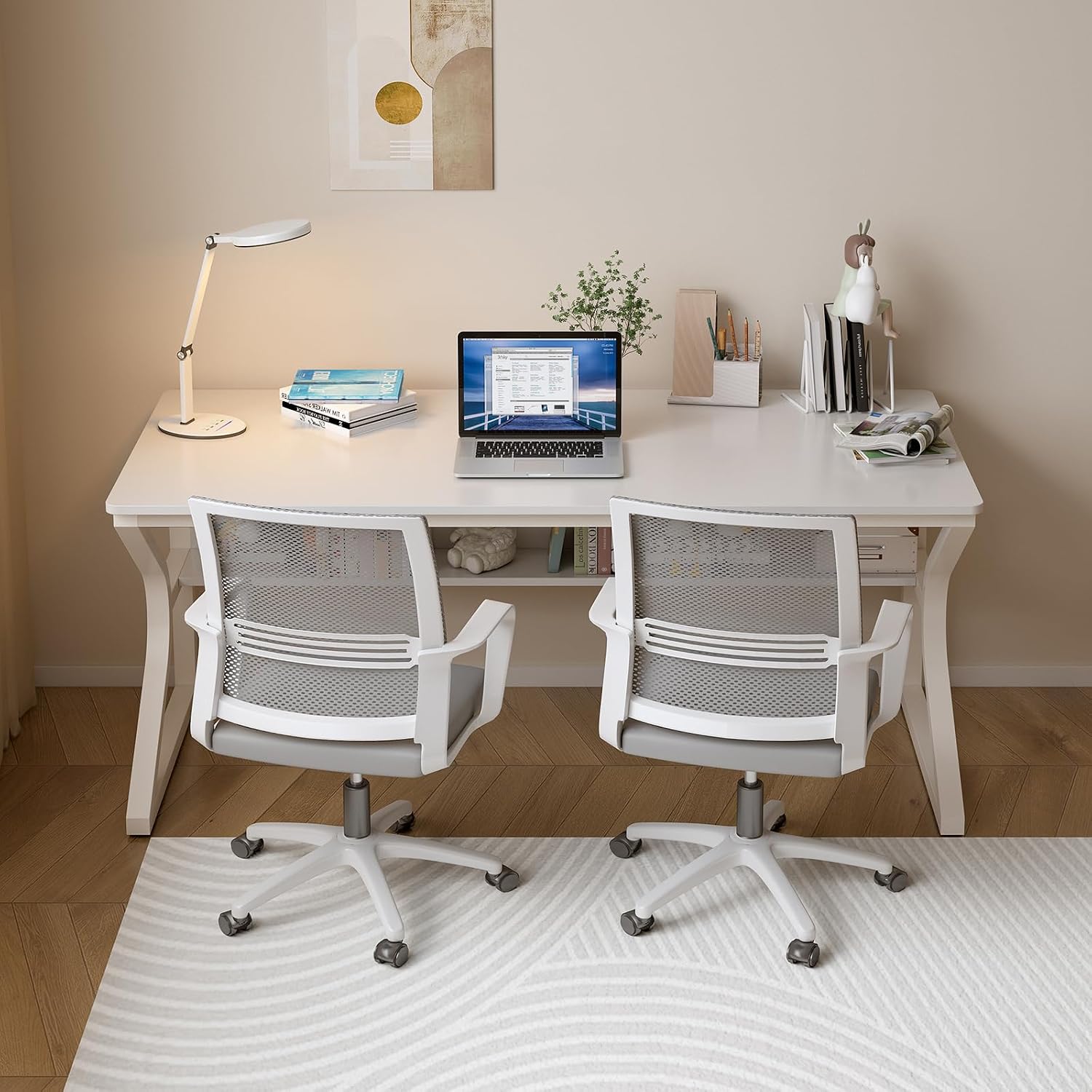 OSCHF Extra Long Desk with Bookshelf - 55' Double Long Writing Table for 2-Person Workstation, Modern Study Work Computer Desk for Home and Office, Warm White