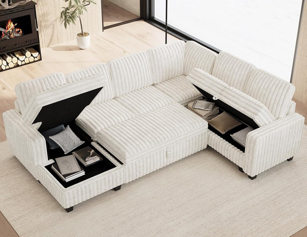 Belffin Corduroy Sleeper Sofa Bed with Storage Chaise Modular Sectional Sofa Couch with Pull Out Bed L Shaped Sectional Couches for Living Room Beige Couch